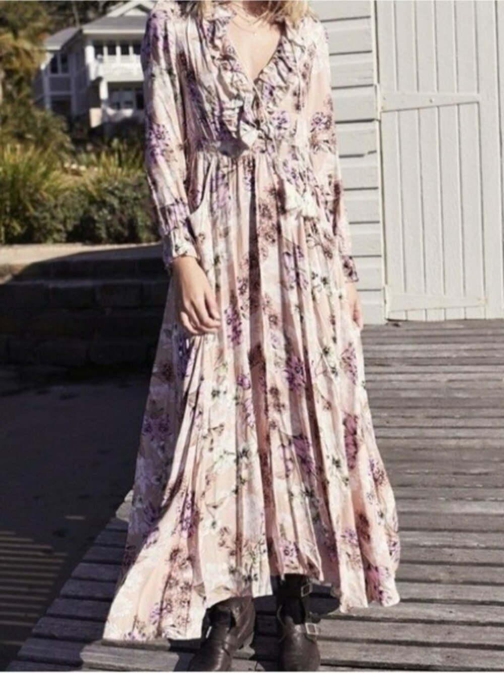Jaase Chantal Boho Floral Ruffle Romantic Maxi Dress Peach Pink Handcrafted M - Picture 3 of 13